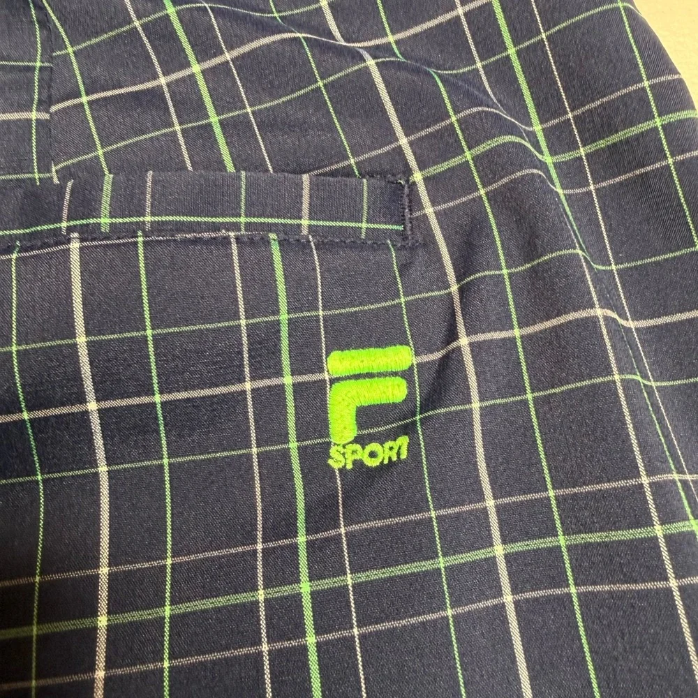 Fila Sport Golf Shorts Mens‎ 36 Navy Blue Green Plaid Performance Flat Front